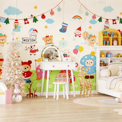 Wooden Kids Vanity Table with Lights, Storage Drawers and Stool
