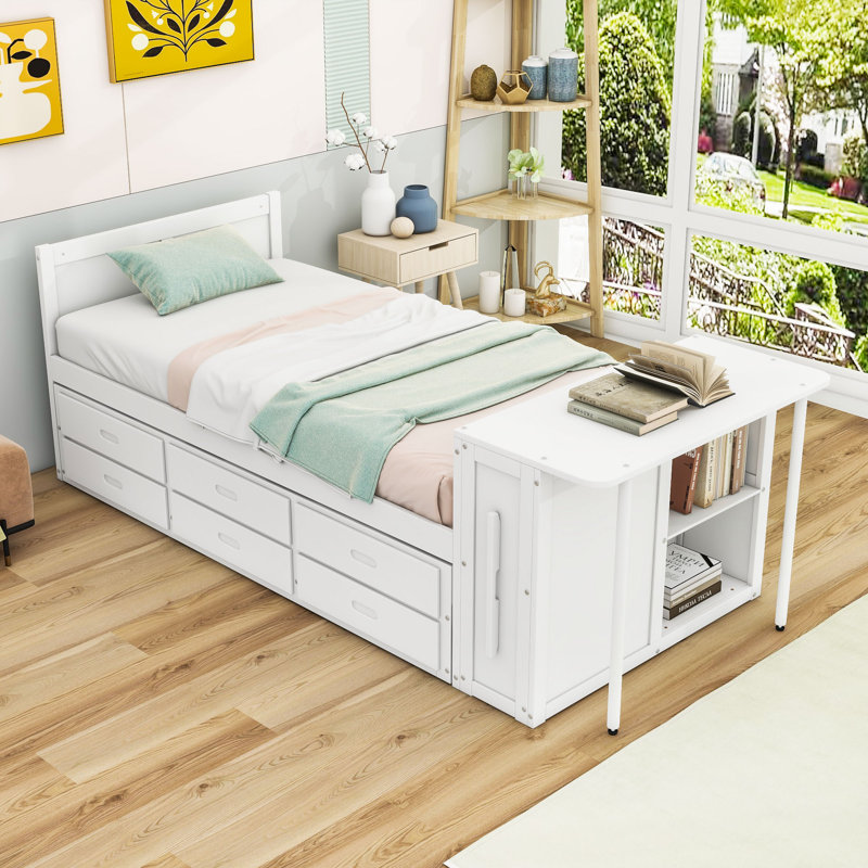 Lit plateforme simple avec lit gigogne simple et trois tiroirs de rangement, Blanc