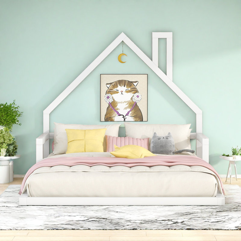 Wood Charming House-shaped Floor Platform Bed, White