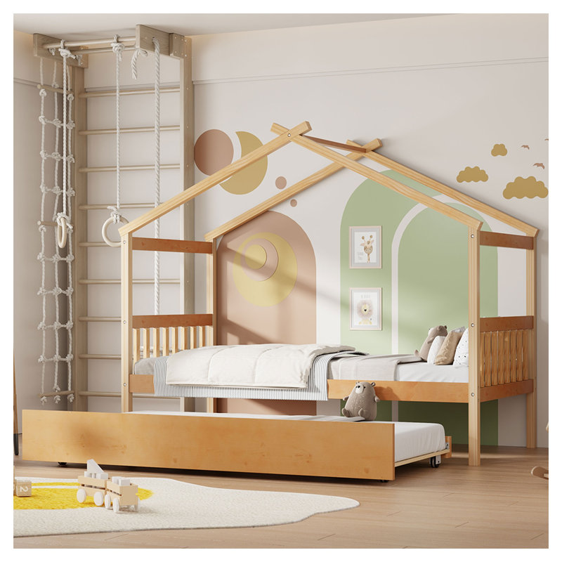 Lit simple avec lit gigogne et mur d'escalade, cadre de lit plateforme en bois massif naturel pour enfants avec rails de sécurité