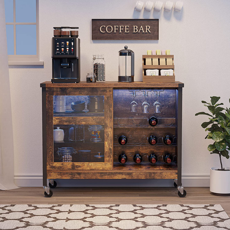 Armoire de bar à DEL avec roues pour la maison, Brun rustique