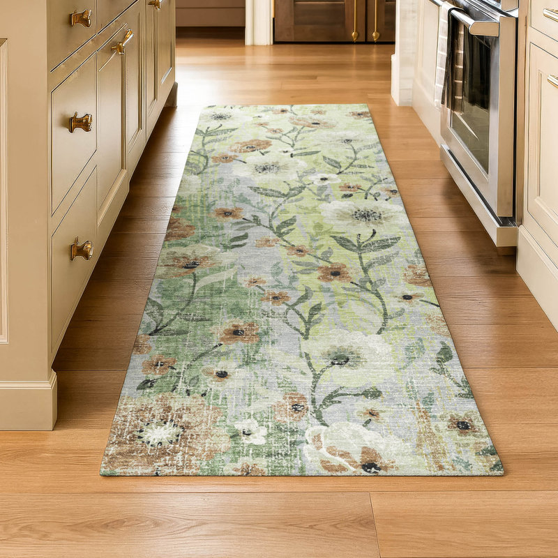 Tapis floral lavable à la machine de qualité supérieure AMF2403, Tapis de couloir 2 pi 3 po x 7 pi 6 po, Aloès