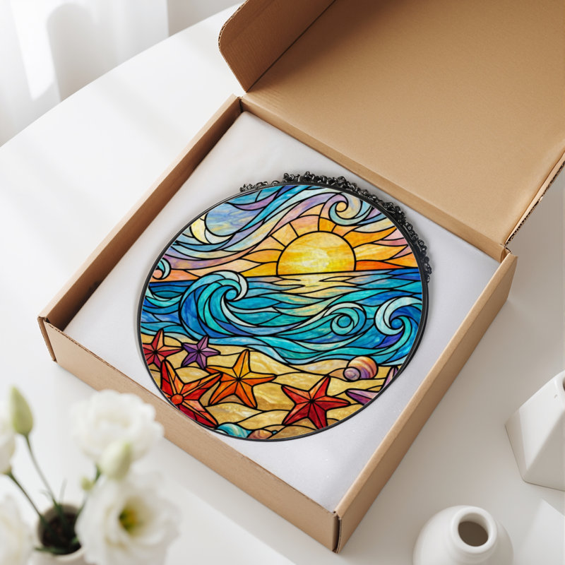 12"H Ocean Sunset Stained Glass Window Panel, 7.8" H x 7.8" W
