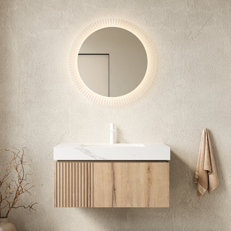 Meuble-lavabo de 36 po avec lavabo en céramique et pierre frittée blanche, armoire en contreplaqué, tiroir, système de fermeture en douceur, excellente performance 36 po, lavabo en pierre, registre de tiroir d'armoire, conception élégante