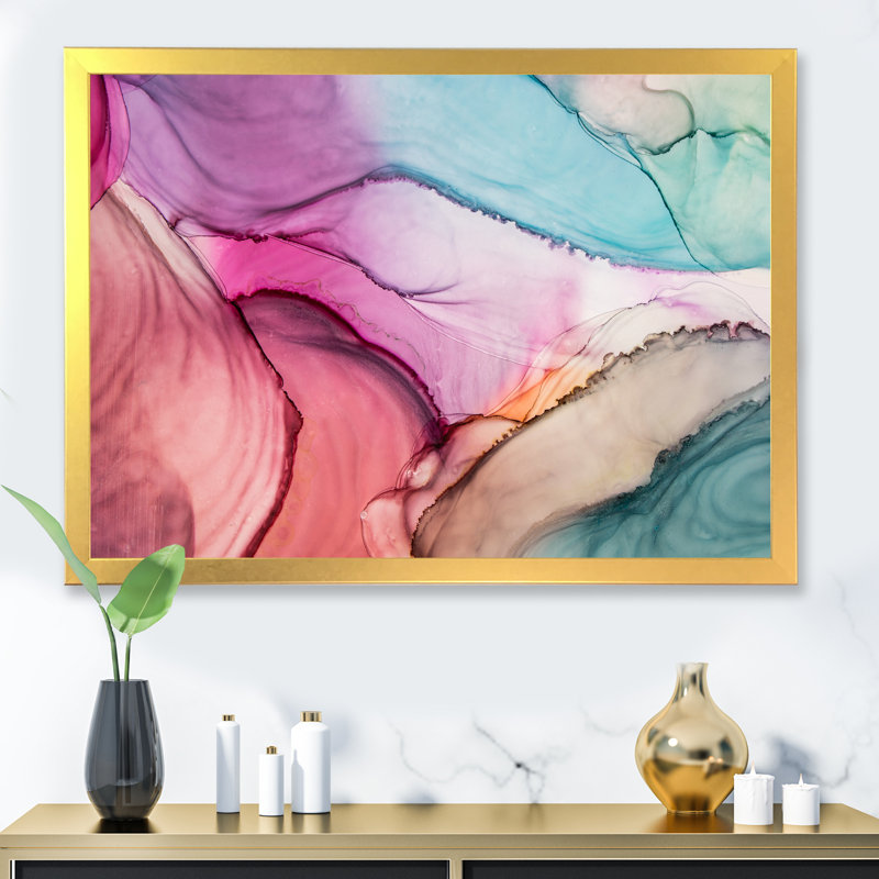 Marbre luxueux turquoise liquide - art mural moderne sur toile, H 16 po x l 32 po x P 1 po, Toile encadrée dorée