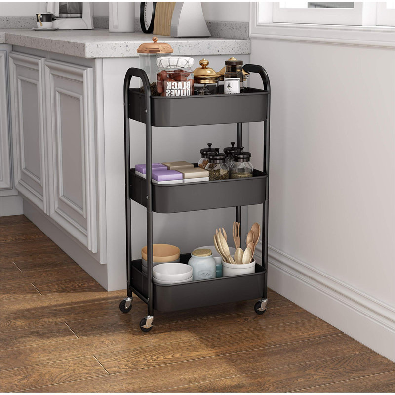 Black 3-Tier Metal Rolling Utility Cart with Casters