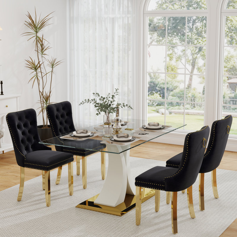 Ensemble de table de salle à manger rectangulaire en verre trempé, table de salle à manger de luxe avec chaise capitonnée pour salle à manger