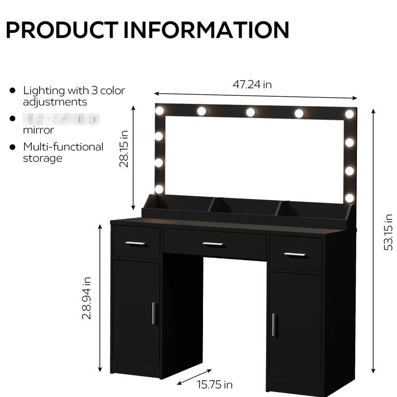 Bureau de meuble-lavabo avec 3 modes d'éclairage couleur, luminosité réglable, tiroirs et 2 armoires verticales, 47,04 po, noir, panneau de particules, installation rapide, meuble-lavabo de 47,04 po, tiroirs, installation facile, rangement