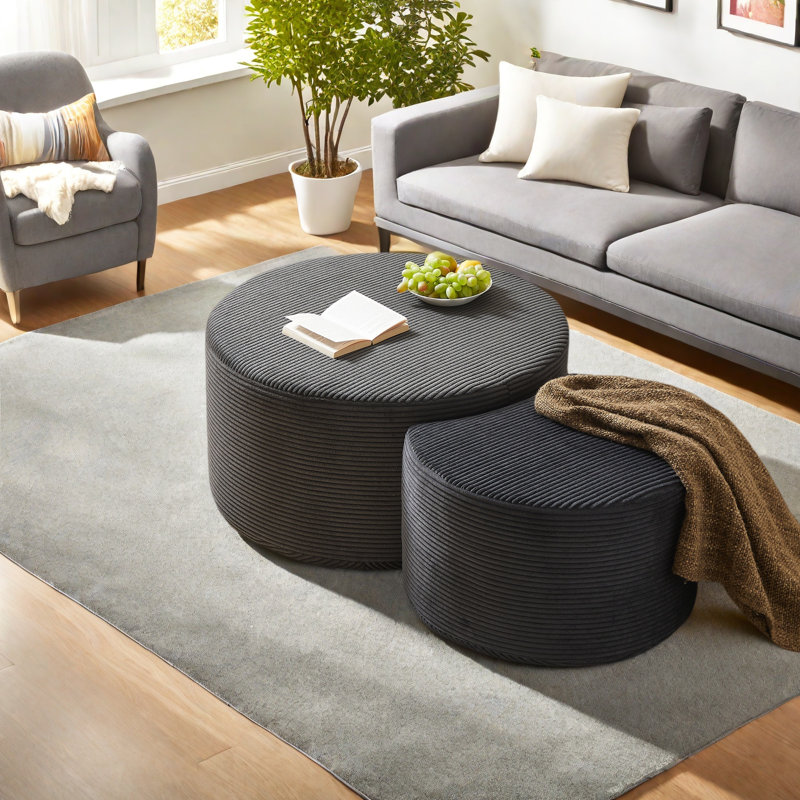 Nesting Coffee Table Set Of 2,Upholstered Round Coffee Tables Set Of 2 For Living Room, Modern Foam Round Coffee Table Side Table End Table Ottoman, No Assembly