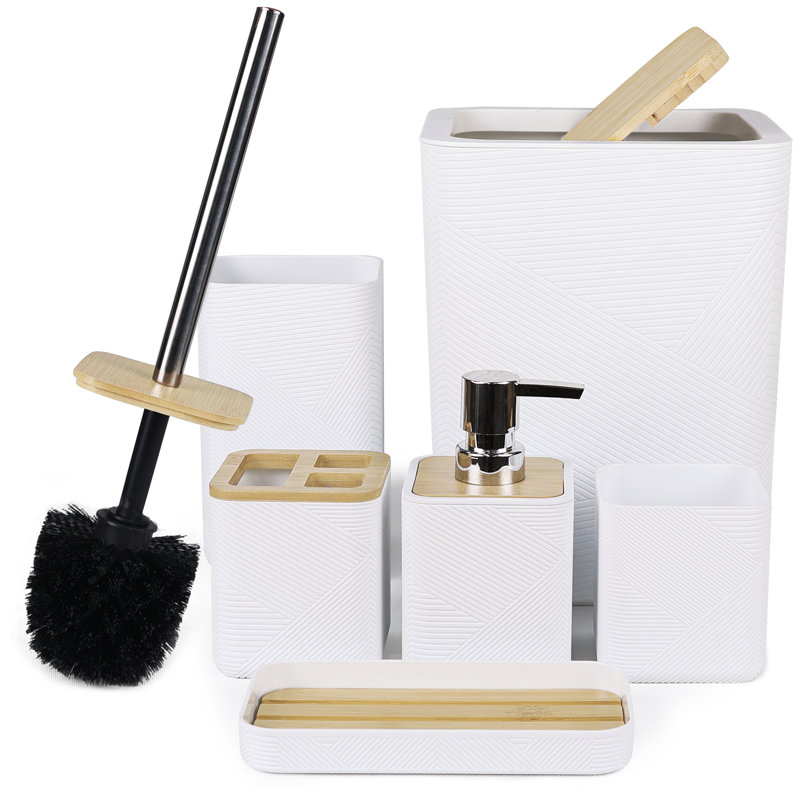 Bathroom Accessories Set 6 Piece Bamboo Bath Ensemble Includes Soap Dispenser, Toothbrush Holder, Toothbrush Cup, Soap Dish For Decorative Countertop And Housewarming Gift