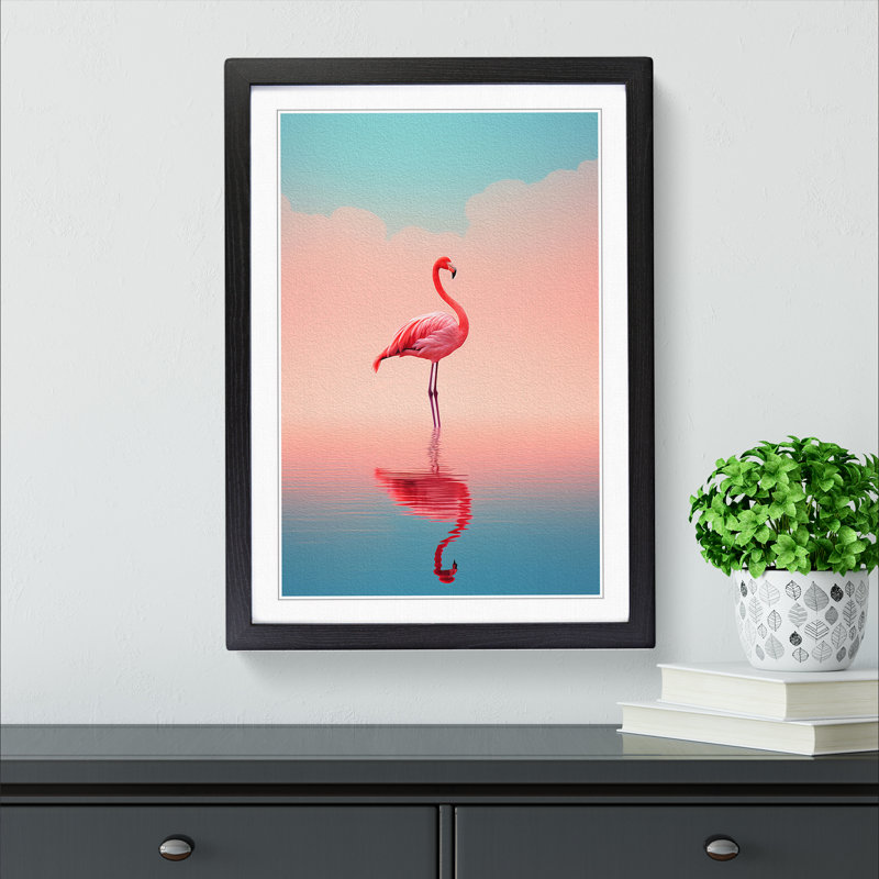 Flamingo Minimalism No.3 - Single Picture Frame Print on Wood, 64cm H x 46cm W x 2cm D, Black