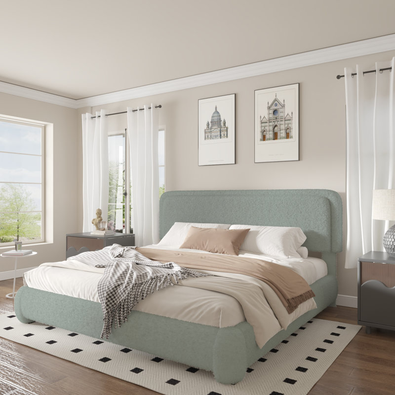 Haden Lambswool Boucle Upholstered Platform Bed Frame with Headboard, King, Green