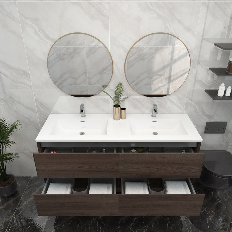 60'' Double Bathroom Vanity with Acrylic Top, Red Oak