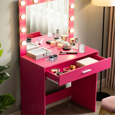 Bedroom Vanity With Mirror And Lights, Dressing Table Principal Drawer, 3 Lighting Options, Pink Desk Large Drawer Adjustable Brightness Modes For Bedroom, Romantic