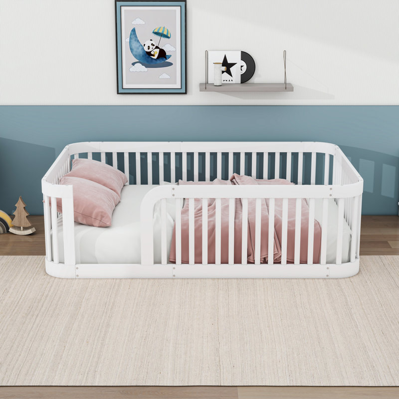 Full Wooden Floor Bed With Guardrails, White