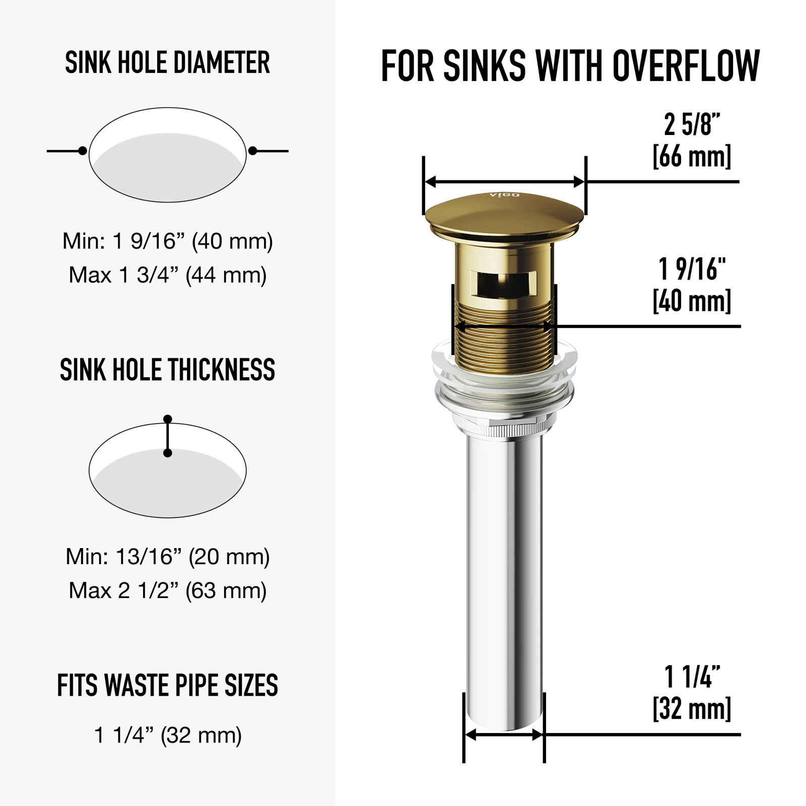 Pop-Up Bathroom Sink Drain with Overflow, Matte Gold