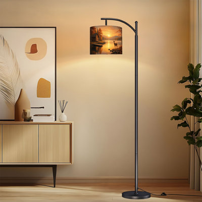 Arc Floor Lamp with Adjustable Lampshade Autumn Landscape Deer Lake Sunset Rustic Farmhouse Standing Lamp 3 Color Temperatures Dimmable Tall Pole Lamp with Foot Switch for Bedroom