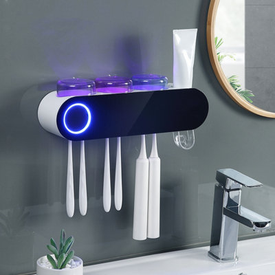 3 Cups Electric Smart Wall Mounted Rechargeable Toothbrush Holder Automatic Toothpaste Dispenser Induction Uv Light Toothbrush Sterilizer With Cup