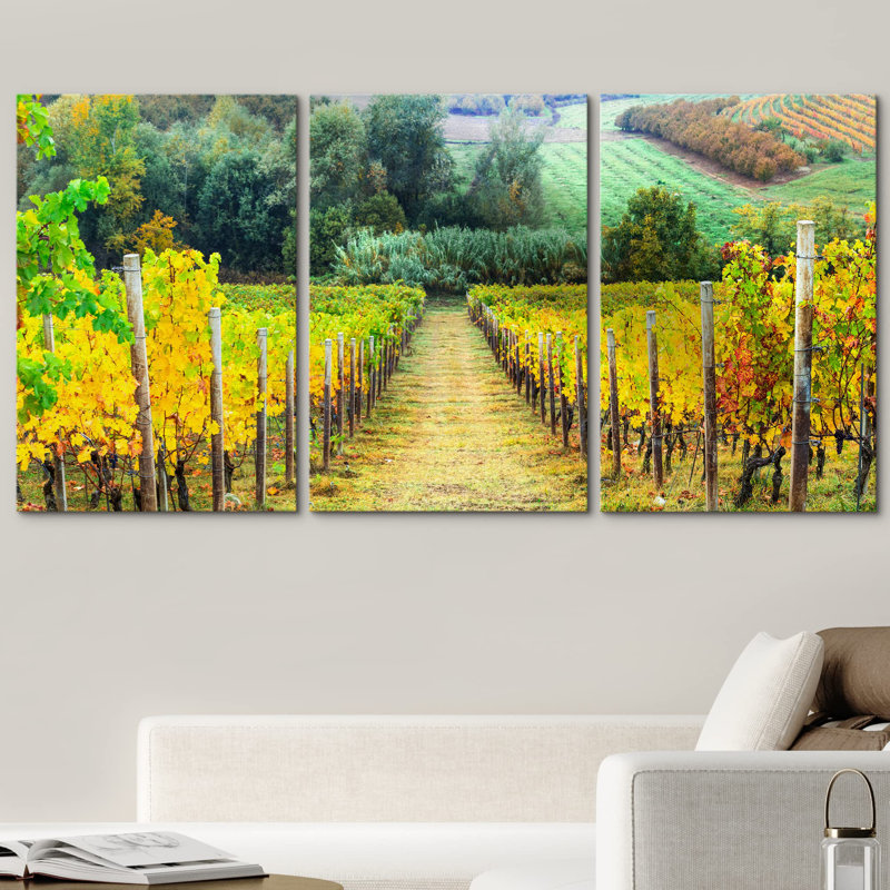Magnifique paysage d'automne avec vignobles en Toscane, Italie, art moderne, H 36 po x l 72 po x P 1,5 po, Toile tendue