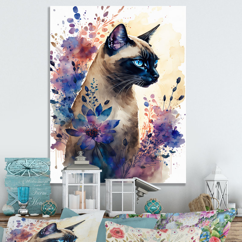 «Cute Siamese Floral Art I», peinture sur toile, H 32 po x l 24 po x P 1 po, Toile tendue