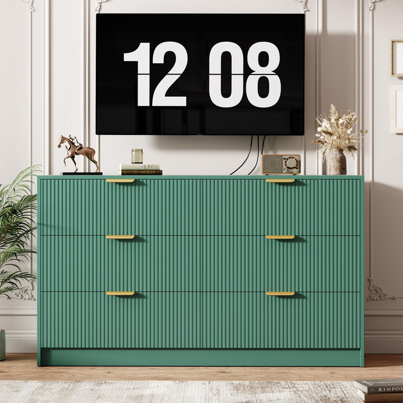 Commode 8 tiroirs pour chambre à coucher - Commode de table moderne à cannelures larges avec conception anti-basculement - Vert forêt
