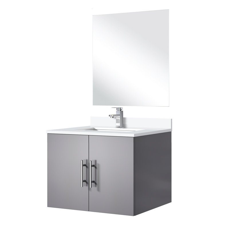 24 po L x P 22 po. Meuble-lavabo simple gris foncé, comptoir en quartz blanc, robinet et 18 miroirs