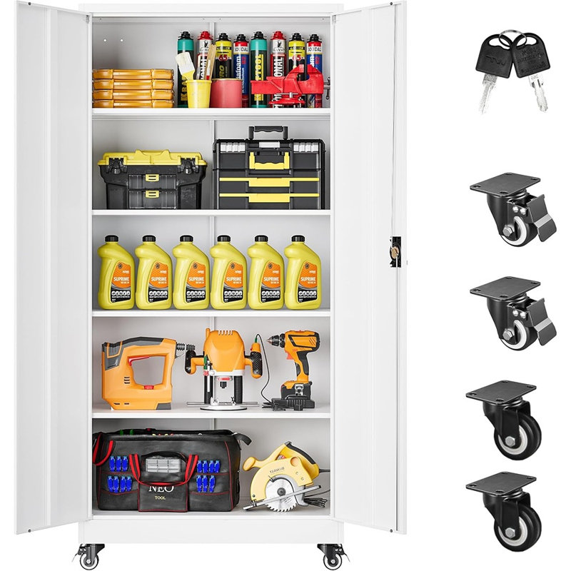 Grande armoire de rangement en métal avec roulettes - rangement de garage roulant avec serrure, tablettes en métal blanc, armoire à outils mobile pour le garage, la maison, le bureau ou le magasin