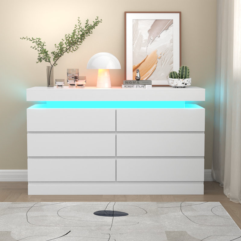 6 Drawer LED Dresser With Power Outlet, White