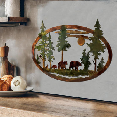 Metal Bear Family Wall Art – 15.75" Copper Green Mountain Forest Scene with Squirrels
