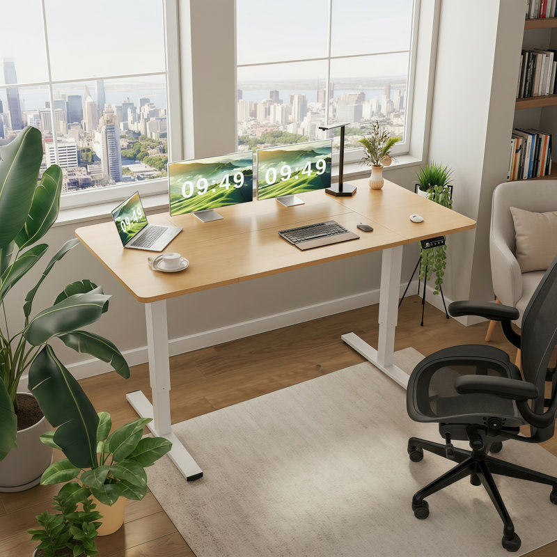 Wooden T-Shaped Metal Frame Electric Height-Adjustable Desk, Can Be Used As A Seat Or Stand, With Memory Preset, Suitable For Home And Office Use.