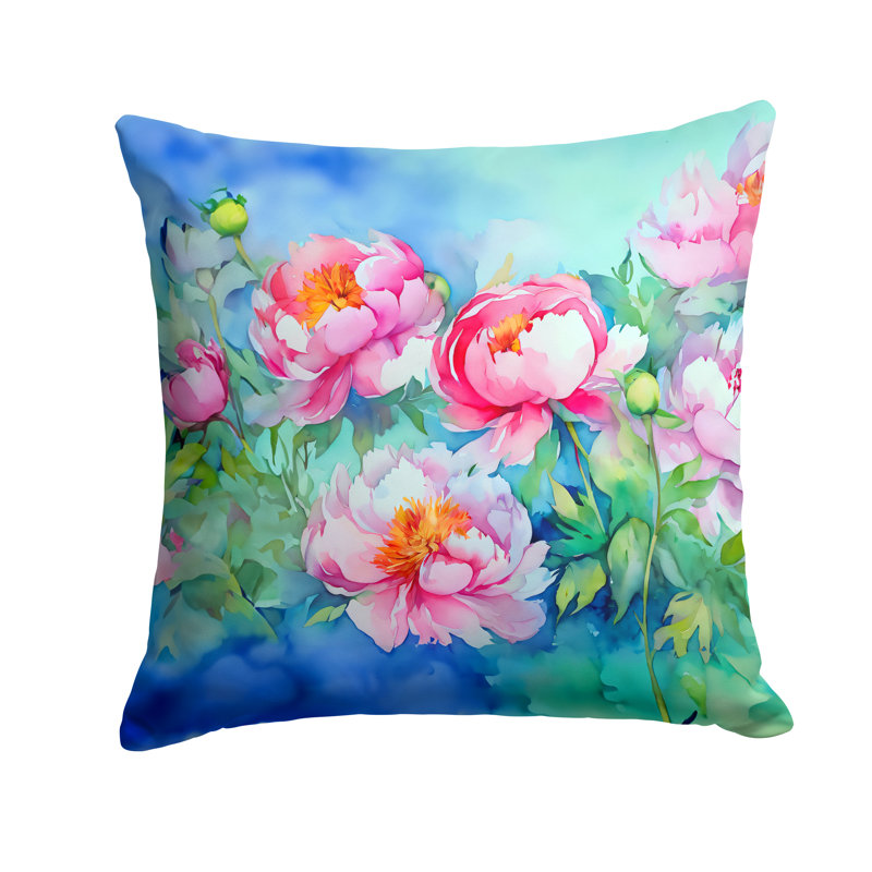 Coussin Pe pivoines à l'aquarelle, H 18 po x l 18 po