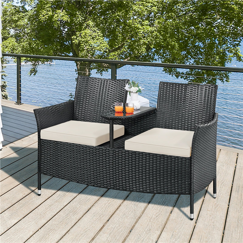 Selisa 2-Person Outdoor Wicker Love Seat with Removable Cushions & 1 Tempered Glass Side Table