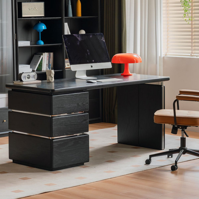 Bureau rectangulaire en bois massif noir + argent + acier inoxydable avec 3 tiroirs, Retour à gauche
