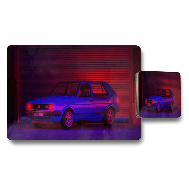 Neon Blue Car Artwork Placemat And Coaster Set For Dining