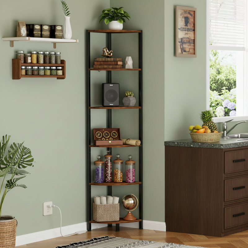 Six-Tier Corner Shelving Unit, 67.4-Inch, Black, Narrow Design, Metal And Wood Construction With LED Lighting. Ideal For Living Room, Bedroom, Or Corner Use.