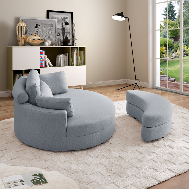 Dashton Upholstered Barrel Chair with Ottoman, Light Gray Linen
