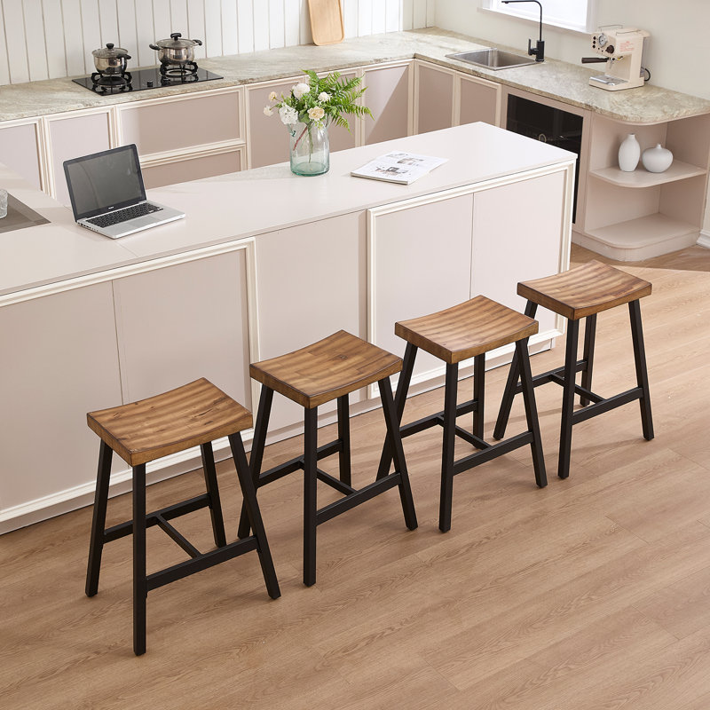 Tabouret de bar en bois massif sans dossier, tabouret de selle avec repose-pieds d'une hauteur de 26 po, Brun, 4