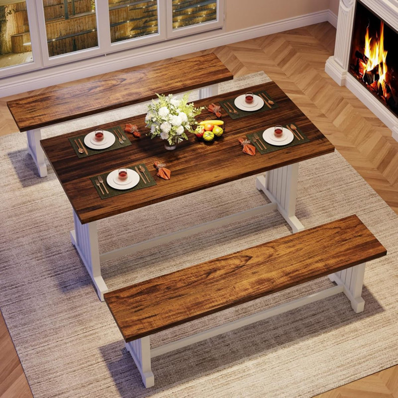 Ensemble de table de salle à manger 3 pièces pour 2 à 4 personnes - Table de cuisine avec 2 bancs Farmhouse