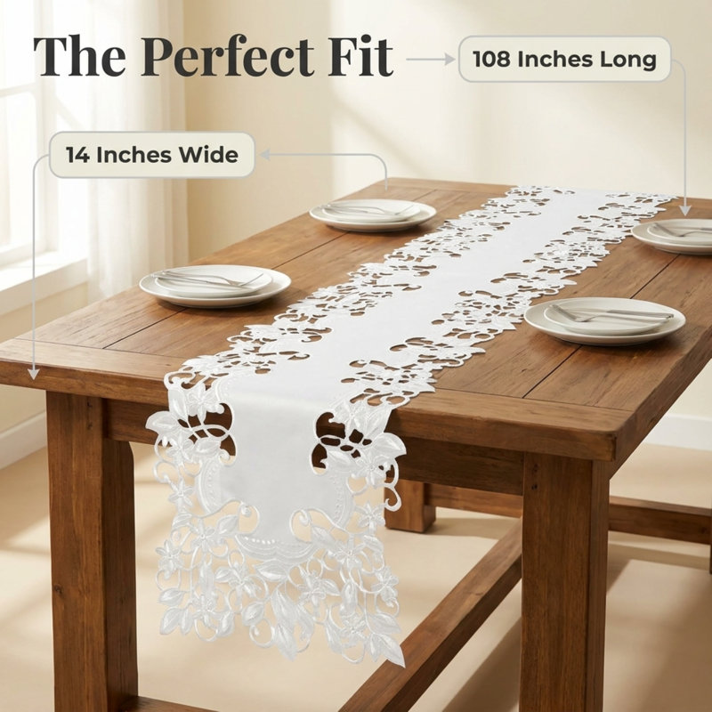 White Lace Table Runner with Elegant Cutwork Embroidery for Dining Table and Tabletop Christmas Decor