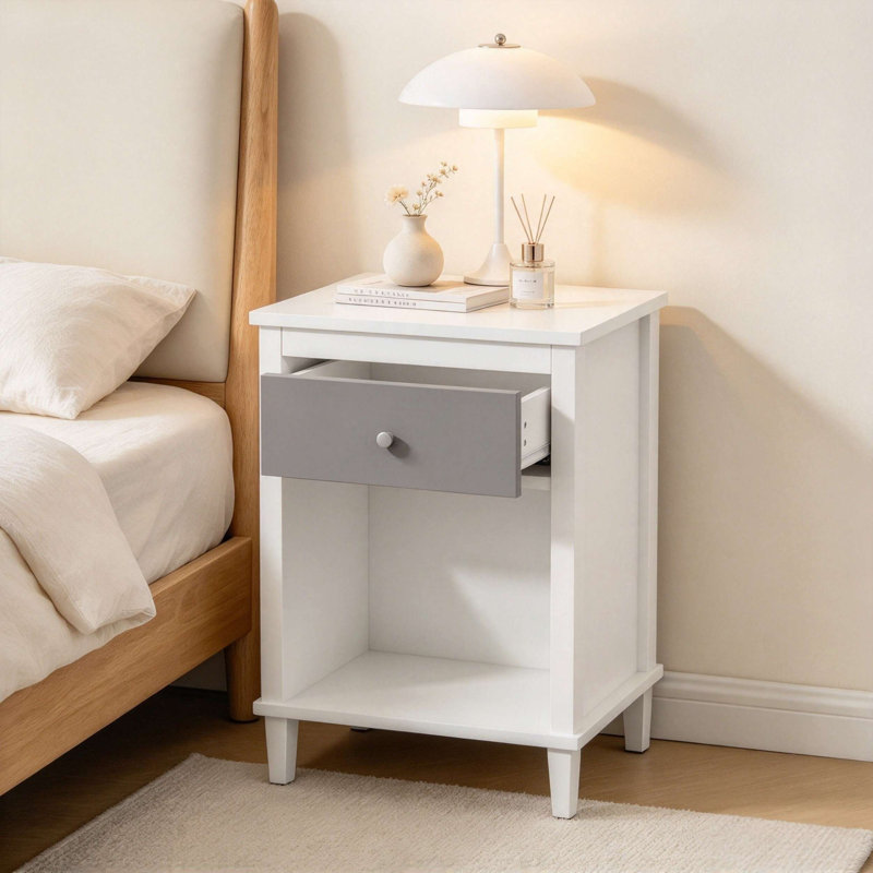 Table de chevet moderne avec tiroir et tablette de rangement ouverte 26,77 po H, Blanc Grayand, 1