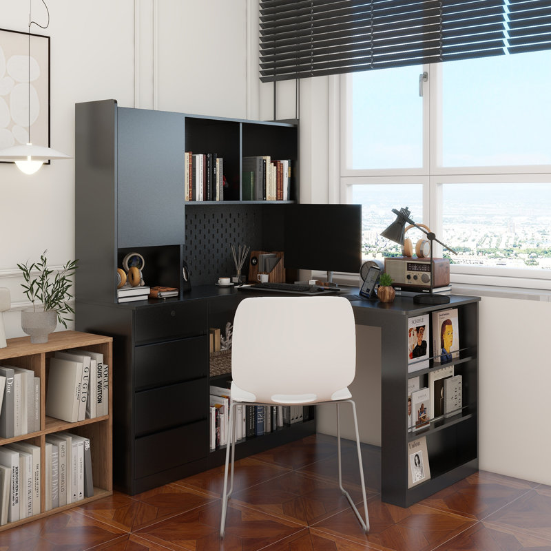 L Shaped Desk,Computer Desk With Drawers,Bookshelf,With LED Light,Modern Corner Desk,Home Office Desk,L-Shaped Study Table Writing Desk,Corner Gaming Computer Desk With Storage