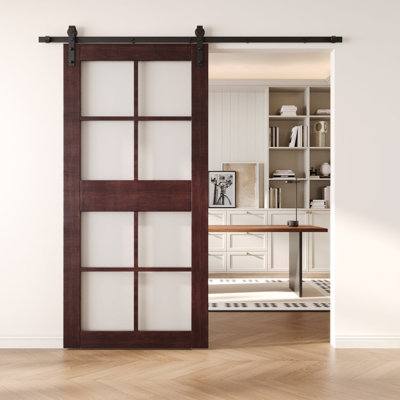 Homacer Red Mahogany 42in x 84in 8-Lite Glass Design Unassembled & Finished Barn Door, interior use only
