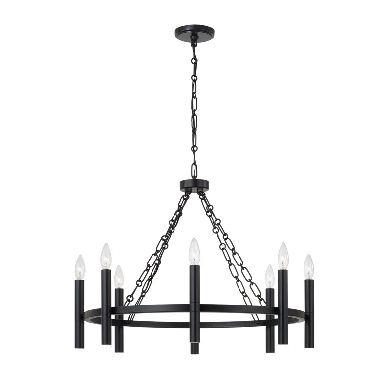 28" W x 21" H 8-Light Ring Chandelier in Matte Black with Cylindrical Candlesticks and Specialty Decorative Designer Chain, 8
