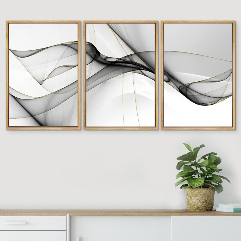 "Smoke Effect", pastel noir et blanc, images modernes neutres, impression sur toile encadrée, 3 pièces, H 24 po x l 48 po