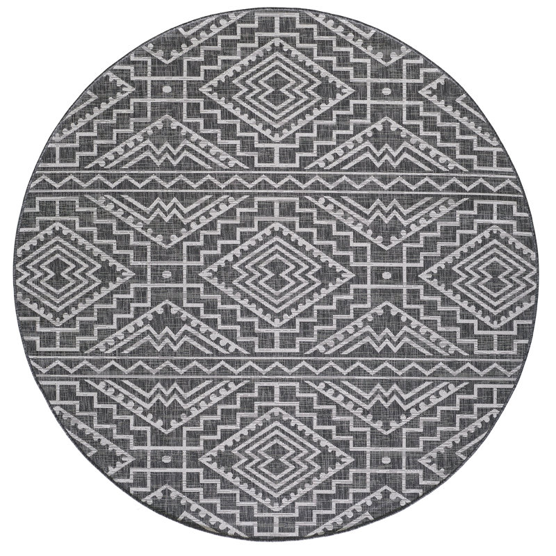 Tapis marocain intérieur / extérieur Bethaney, Noir, Rond 7 pi 10 po
