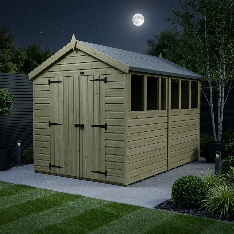 Total Sheds 8ft x 12ft Apex Garden Shed - Double Door - With Windows - Pressure Treated Timber - UK Manufactured