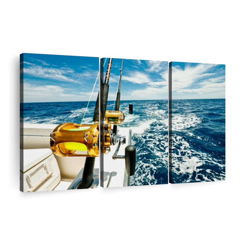«Ocean Fishing Reels», 3 pièces sur toile, H 32 po x l 50 po x P 1,25 po