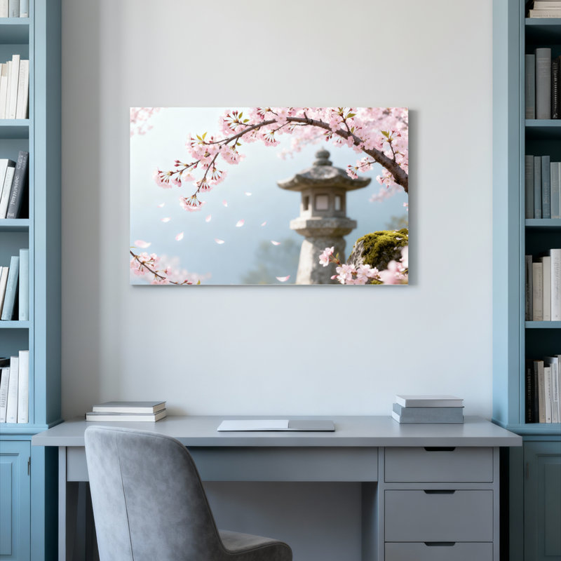 Ensemble de 1 tableau sur toile tendue représentant des fleurs de cerisier et une lanterne en pierre, H 20 po x l 30 po