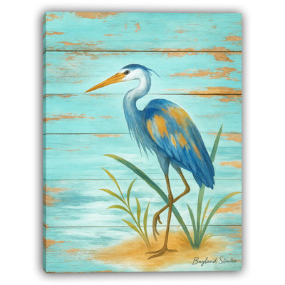 «Blue Heron» sur toile en bois délavé turquoise