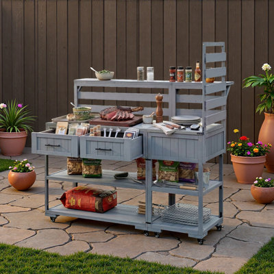 Patio Kitchen Island With Stainless Table Top, Raised Shelf, Drawers And Open Shelves